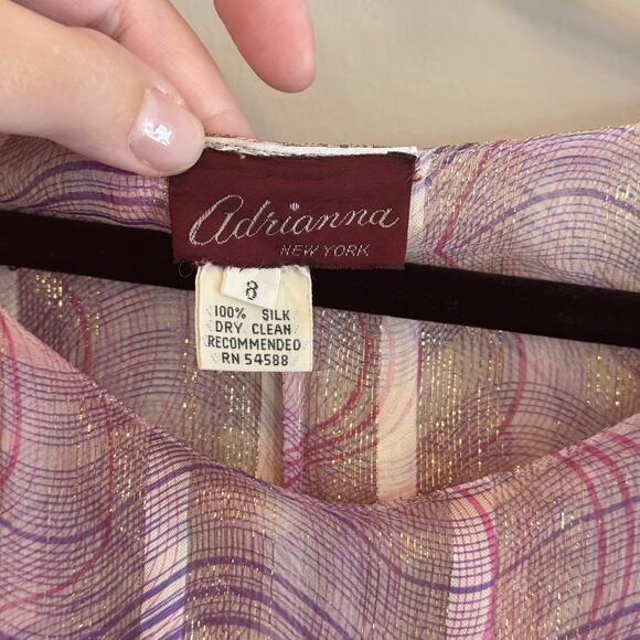 Vintage 90s Adrianna Maxi Dress Womens 8 Purple Midi Silk Metallic Flutter Sheer - Picture 10 of 10
